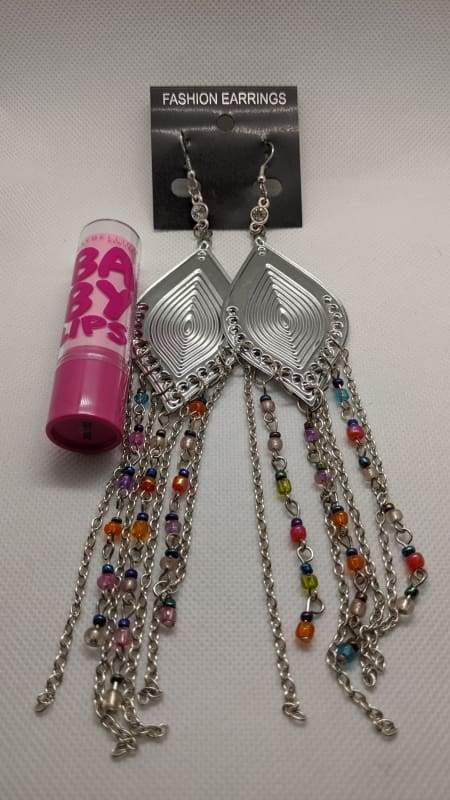 Fashion Jewelry - Large Dangle With Chain and Rainbow Bead Details - Silver-Nail Polish Life