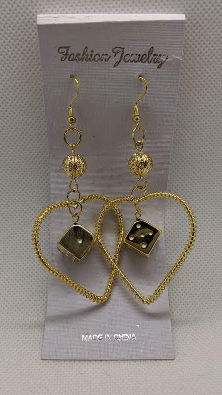 Fashion Jewelry - Lucky Dice Heart Dangle Earrings - Gold-Nail Polish Life